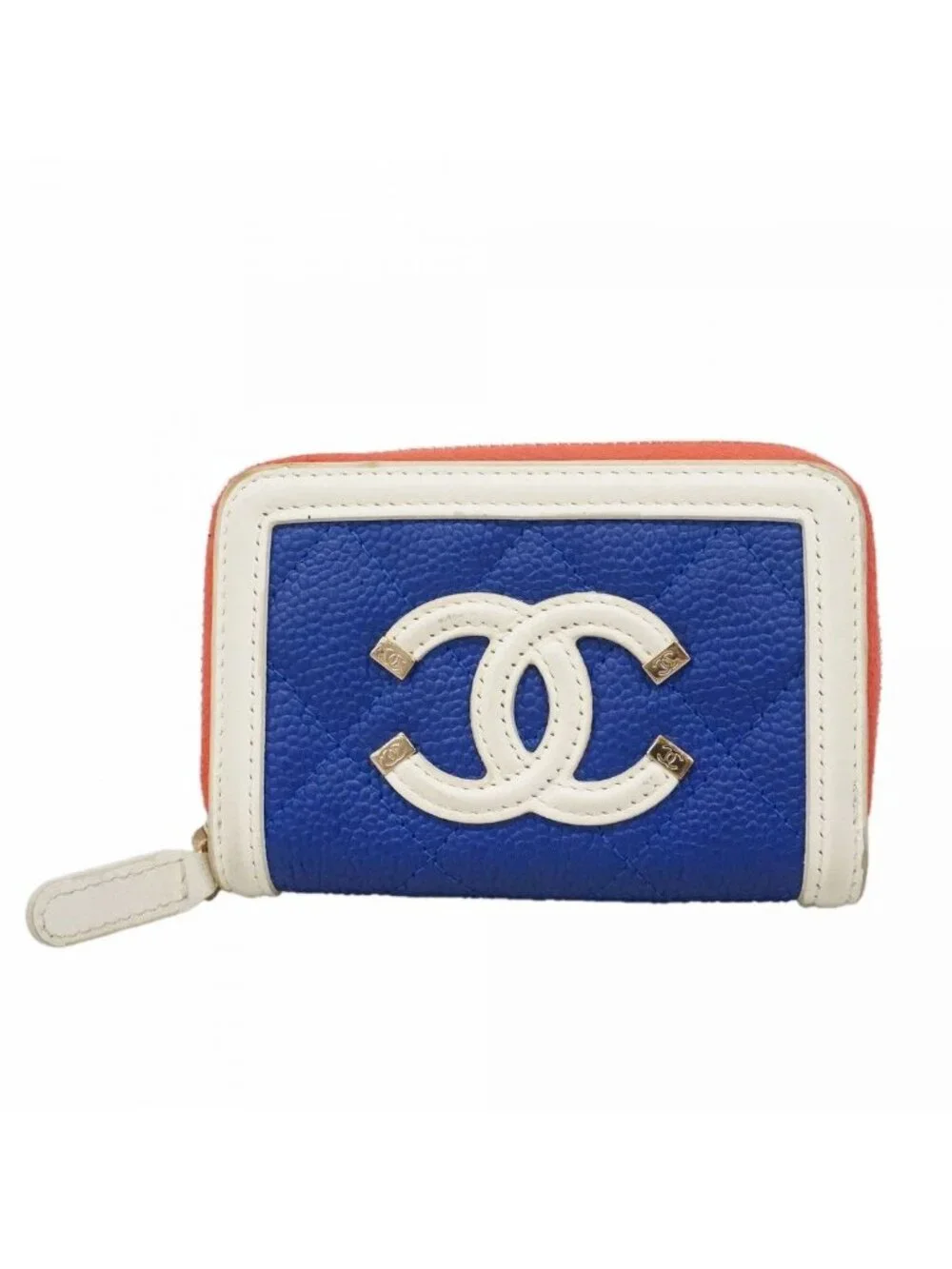 Chanel Coin Case CC Filigree Caviar Leather Blue White Red Gold